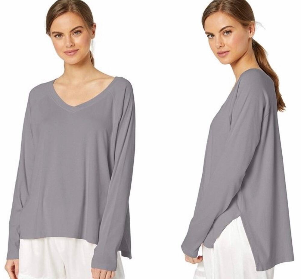 NWT PJ Harlow Size S Frankie Rib Long Sleeve V-Neck Top Silver Gray Lounge